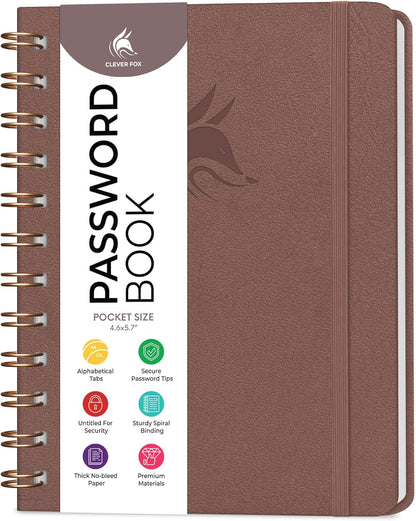 Clever Fox Password Book Spiral – Internet Address & Password Organizer with Laminated Alphabetical Tabs – Password Keeper Journal – Hardcover, Medium Size, 6.1x7.7” (Mystic Blue)