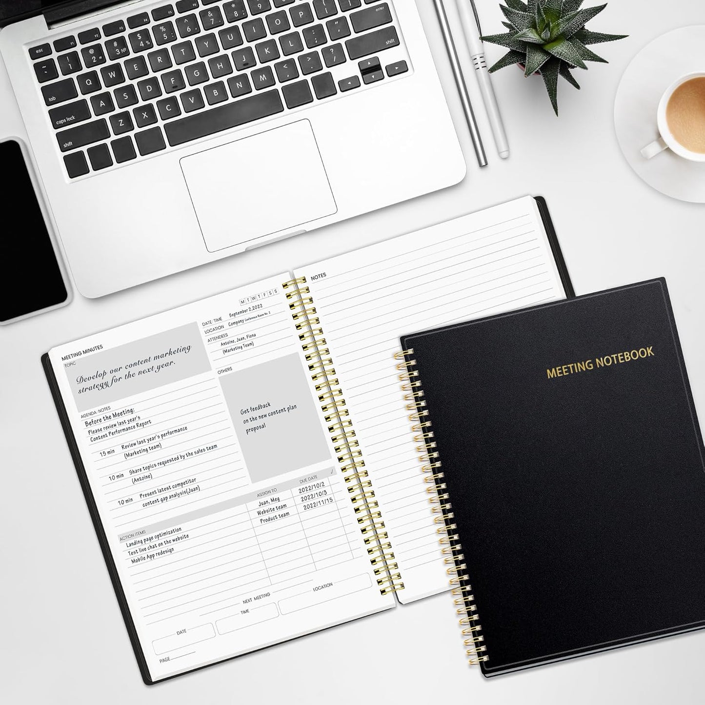SUNEE Half Meeting Half Note - 7.5"x10" Professional Notebooks for Work - 160 Pages, B5 Size Project Planner, Spiral Meeting Agenda/Minutes Organizer for Women Men, Note Taking, Office & Business