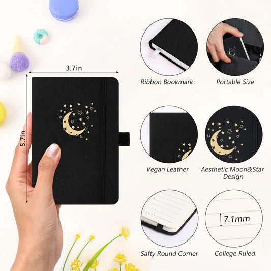 BOBO RABBIT 3 Pack Pocket Small Notebooks Total 600 Pages A6 Moon Star Aesthetic Mini Compact Journal Notebook For Note Taking Journaling Hardcover Leather College Ruled Lined Note Pads for Women Men Travel Office School