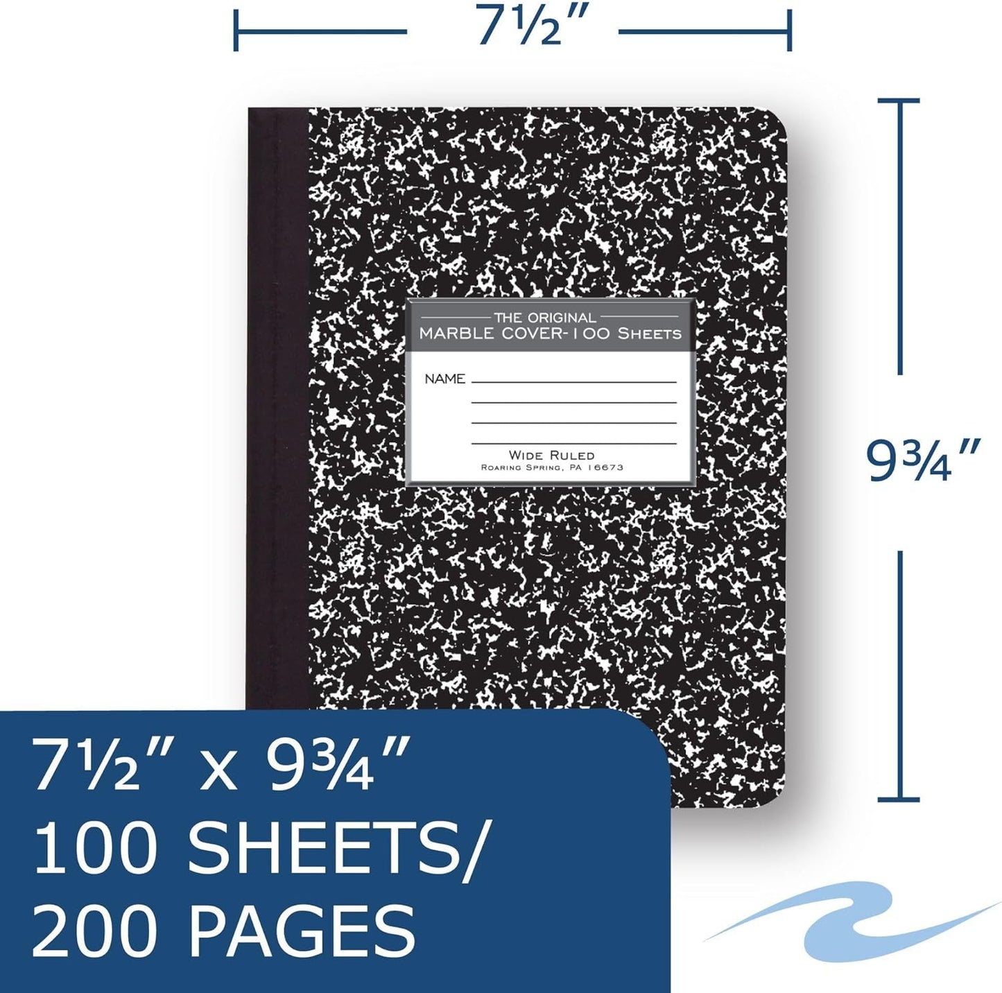 ROARING SPRING Hard Cover Composition Notebook, 4 Pack, Blue Marble Comp Book, 9.75″ x 7.5″, Unruled Blank Paper, 100 Sheets (200 Pages), Made in USA
