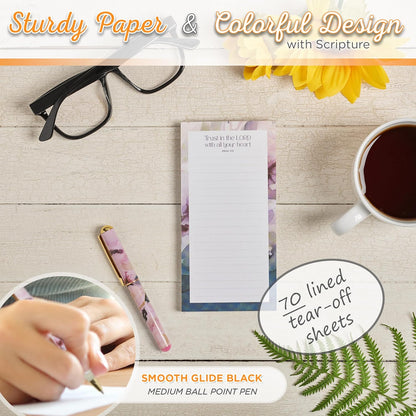 Christian Art Gifts Compact Magnetic Notepad & Medium Ballpoint Pen Set: Trust in the Lord Inspirational Scripture, Shopping Lists, Memos, Reminders, 70 Lined Easy Tear-off Sheets, Purple/Teal Floral