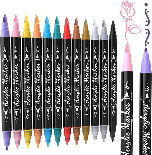 TOSHARE 30 Colors Acrylic Paint Markers, Brush&Fine Dual Tip Acrylic Paint Pens for Rock, Wood, Paper, Fabric, Canvas, Glass, Ceramic, Egg, Scrapbook and DIY Crafts Supplies-Teacher Appreciation Gift