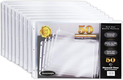 GOLD SEAL 50 Pack 11x17 Inch Heavyweight Diamond Clear Sheet Protectors, Side Loading, Ledger Sheet Protectors,3-Hole Punched