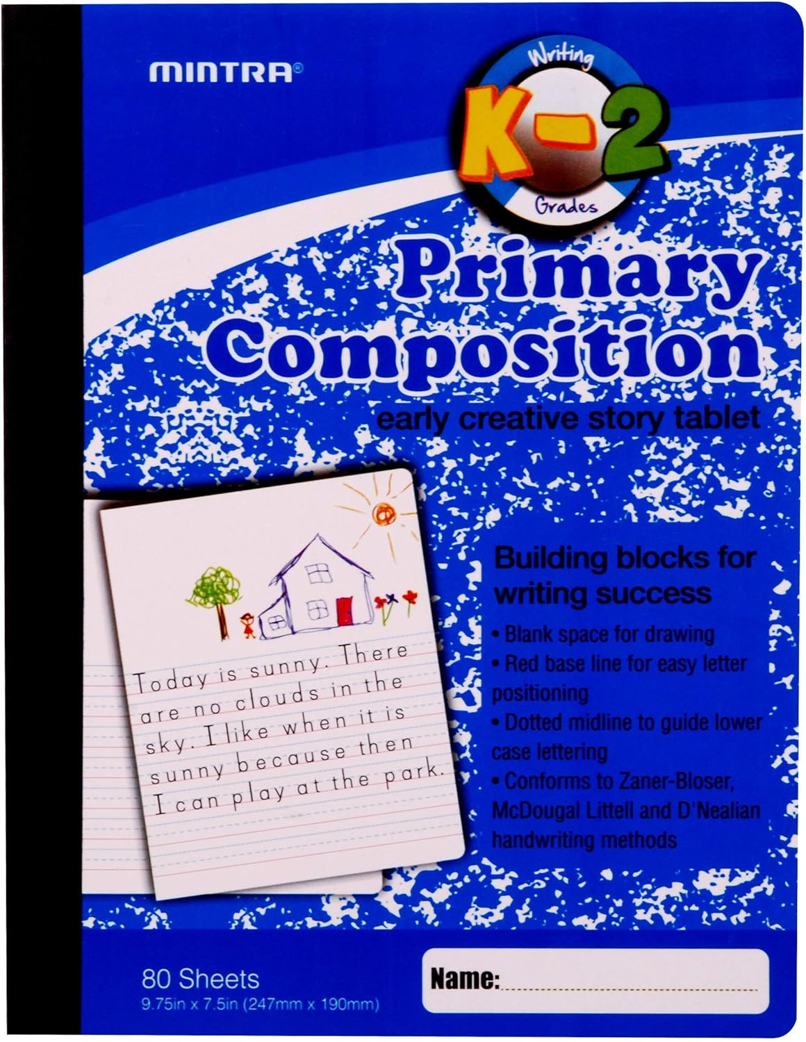 Mintra Primary Composition Notebook, 4 Pack, Assorted Colors 80 Sheets, 7.5in x 9.75in, 1/2 Sheet, Ruled with Drawing Area, Flexible Hardcover Journal, Grades K-2, School & Home Use