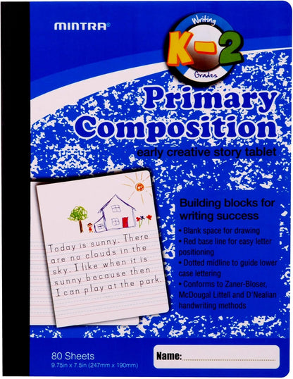Mintra Primary Composition Notebook, 4 Pack, Assorted Colors 80 Sheets, 7.5in x 9.75in, 1/2 Sheet, Ruled with Drawing Area, Flexible Hardcover Journal, Grades K-2, School & Home Use