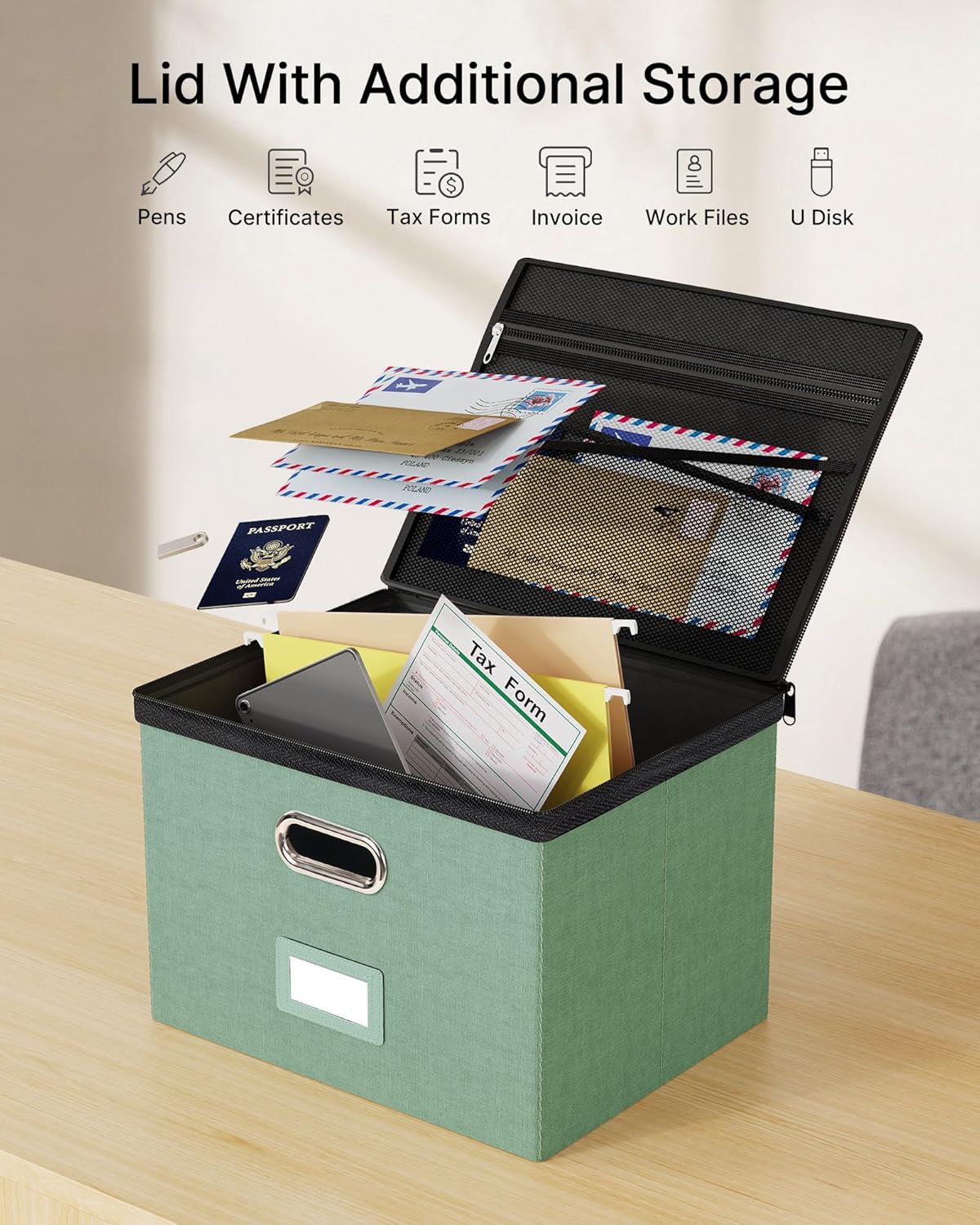 Oterri 2 Pack File Organizer Boxes with Lids, File Box with Mesh Pockets, Document Organizer Box for File Folders Letter Size, Zippers Filing Box for Home, Office, School (Green, Without Folders)