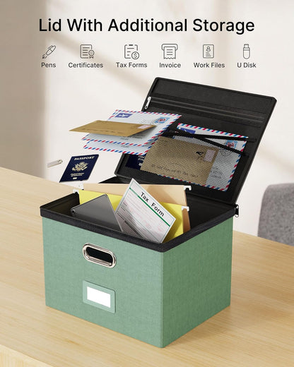 Oterri 2 Pack File Organizer Boxes with Lids, File Box with Mesh Pockets, Document Organizer Box for File Folders Letter Size, Zippers Filing Box for Home, Office, School (Green, Without Folders)