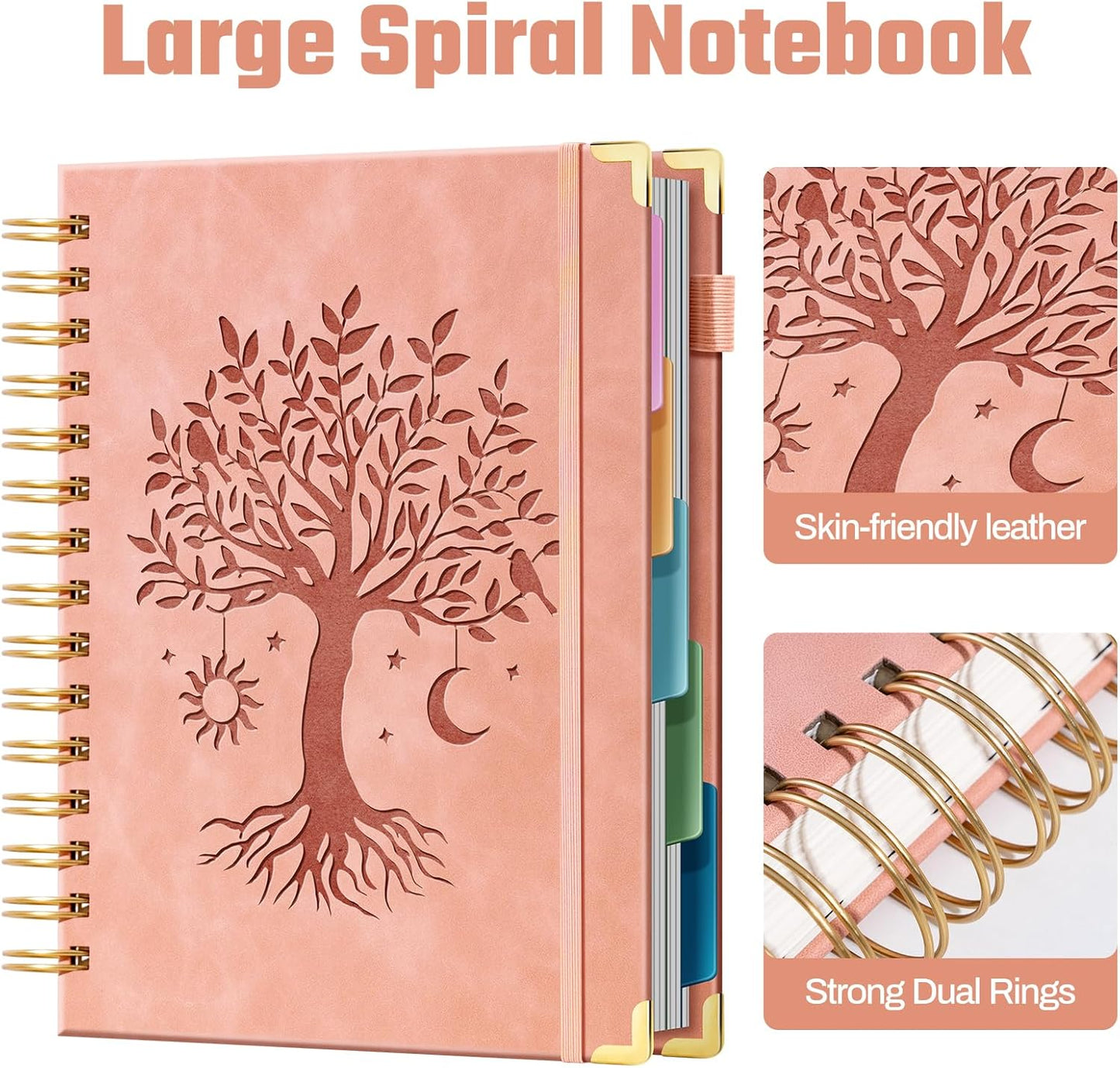 Ovesmusl Hardcover Spiral Notebook 8.5" x 11" with 5 Removable Dividers 300 Pages Leather 5 Subject Notebook College Ruled 100GSM Large Spiral Notebooks for Work Thick Lined Journal for Women, Green