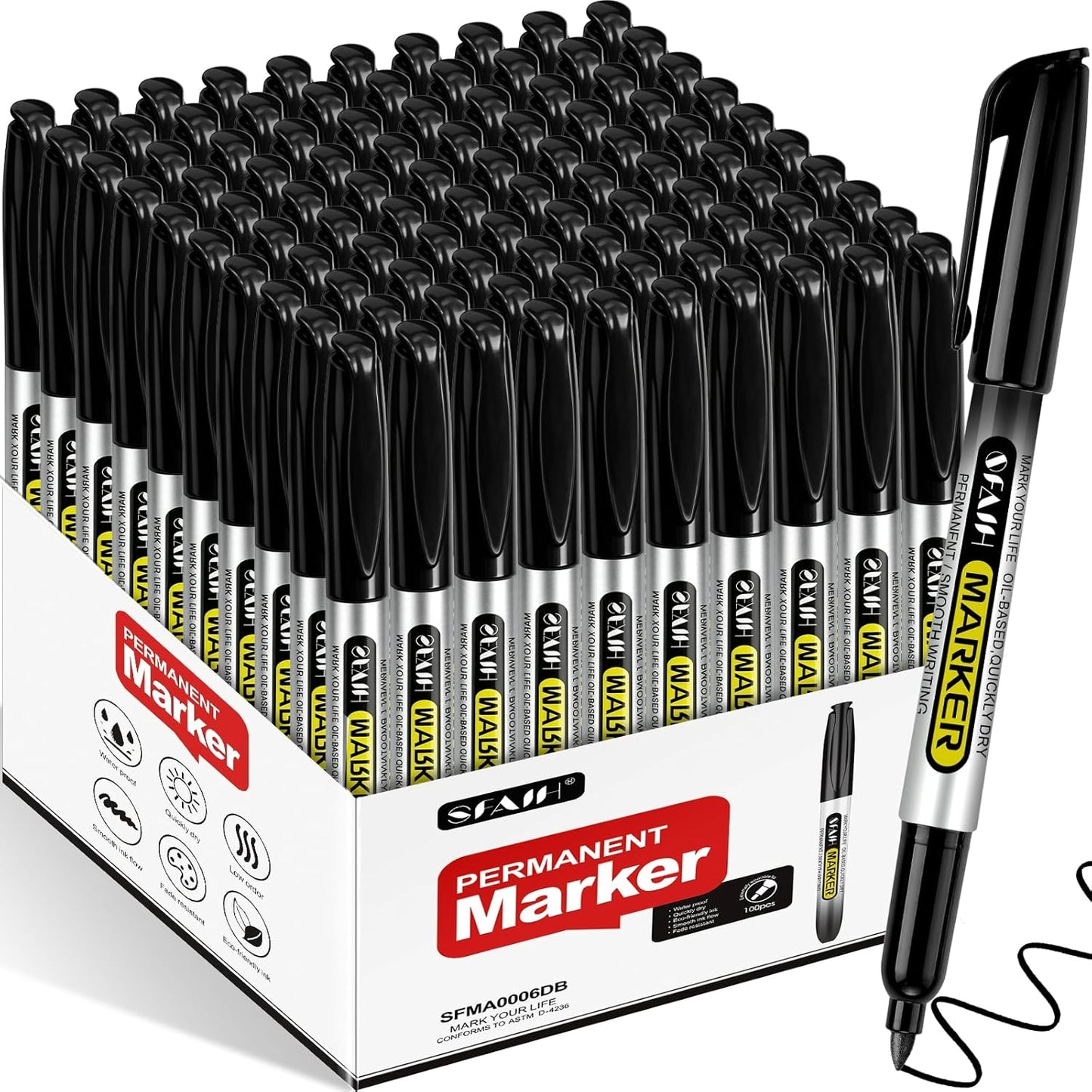 SFAIH 100 Black Permanent Markers Bulk -1s Quick Drying, Fine Point Markers for Write Mark, School, Office, Warehouse, Business, Logistics, Durable, Waterproof Ink on Paper, Plastic, Metal, Cardboard