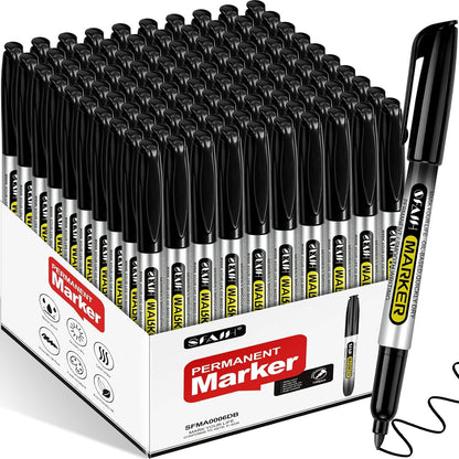 SFAIH 100 Black Permanent Markers Bulk -1s Quick Drying, Fine Point Markers for Write Mark, School, Office, Warehouse, Business, Logistics, Durable, Waterproof Ink on Paper, Plastic, Metal, Cardboard