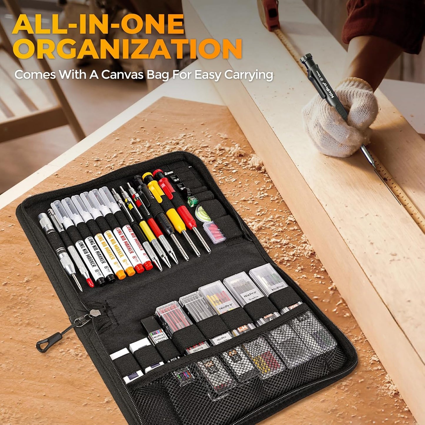Nicpro 31 Pack Carpenter Pencil Set with Sharpener, Mechanical Carpenter Pencils with 128PCS Refills and Carbide Scribe Tool, Heavy Duty Construction Pencils for Architect Woodworking-With Canvas Case