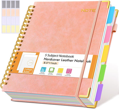 Hardcover Large Spiral Notebook 8.5" x 11" with Removable Dividers Tabs, 300 pages Leather 5 Subject Notebook College Ruled, A4 Journal for Women Men, Notebooks for Work School Note taking,Black