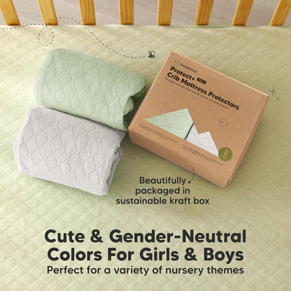 2-Pack Waterproof Crib Mattress Protector Cover Fitted - Quiet Baby Crib Mattress Pad Sheets, 52" x 28" Soft Quilted Cotton Baby Sheet, Machine Washable, Easy Fit, Durable (Soft White/Mavy)