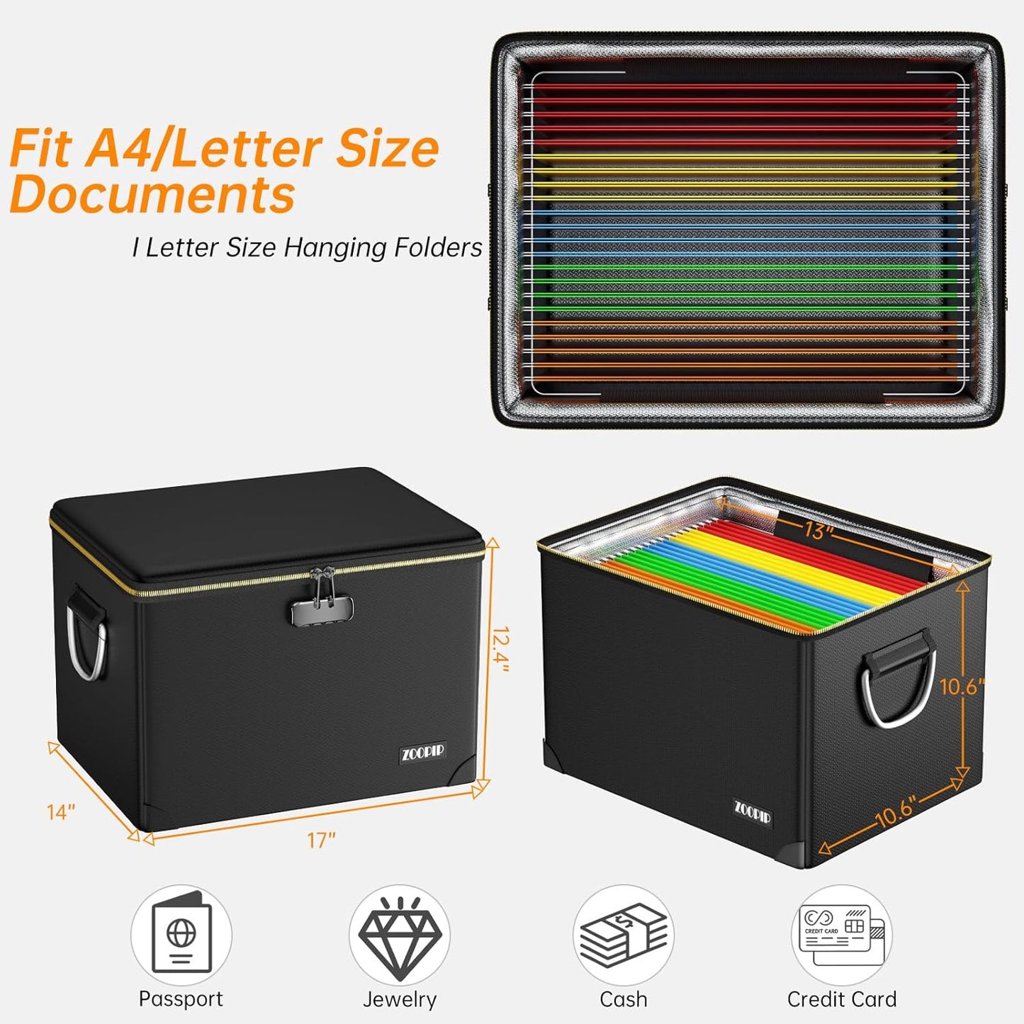 Fireproof Document Box,5200°F File Organizer Box with Lock,Foldable Filing Organizer Cabinet, Portable Safe Storage for Hanging Letter/Legal Folder,Black