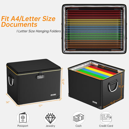 Fireproof Document Box,5200°F File Organizer Box with Lock,Foldable Filing Organizer Cabinet, Portable Safe Storage for Hanging Letter/Legal Folder,Black