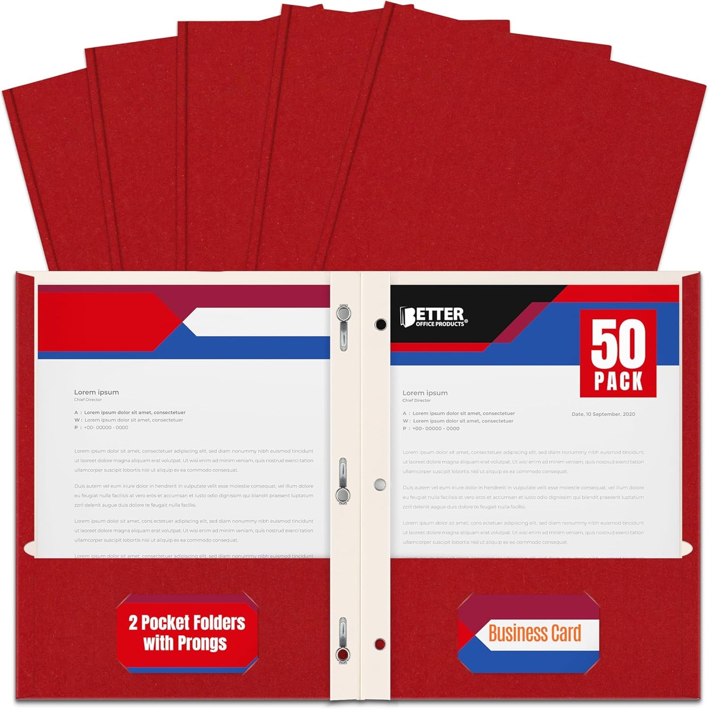 Better Office Products Blue Paper 2 Pocket Folders with Prongs, 50 Pack, Matte Texture, Letter Size Paper Folders, 50 Pack, with 3 Metal Prong Fastener Clips, Blue