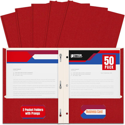 Better Office Products Blue Paper 2 Pocket Folders with Prongs, 50 Pack, Matte Texture, Letter Size Paper Folders, 50 Pack, with 3 Metal Prong Fastener Clips, Blue