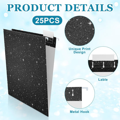 25 Pcs Black Hanging File Folders 12 x 9.25'' Glitter Hanging Folders with 25 Paper 1/5 Cut Adjustable Tab and 25 Plastic Tab for Medical Charts Office Desktop