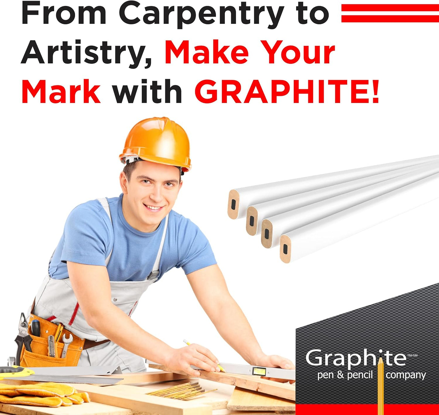 GRAPHITE Hard Lead Carpenter Pencils Bulk - (1) Pack of 12 Pieces Lumber Wooden Pencil #2 (HB) - Red