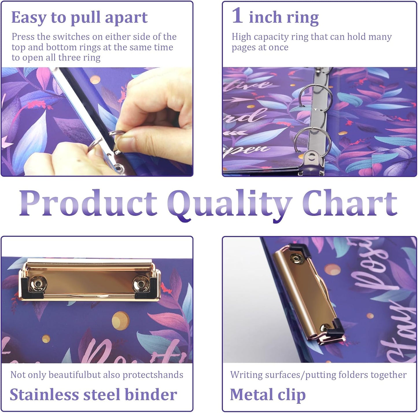 3 Ring Binder with Clipboard, 2 Pockets Purple 3 Ring Binder (11" x 8.6") Folders with Tab Dividers for Women School Office Supplies Portfolio