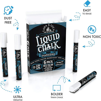 Liquid Chalk Marker Pen - White Dry Erase Marker - Chalkboard Signs, Windows, Blackboard, Glass (6 Pack) 3-6mm Reversible Tip, 3-3mm Fine Tip