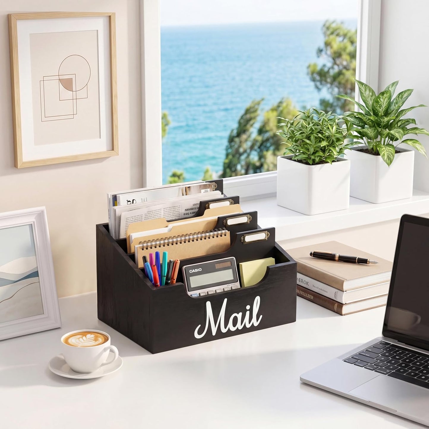 Rustic Wood Mail Organizer Countertop with 4 Slots, Black Mail Holder for Desk, Removable Dividers Mail Sorter, Letter Bill File Organizer for Home Office Classroom, Desktop Organizer with Free Labels