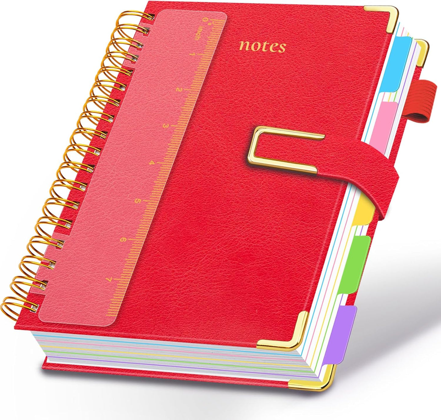 Hardcover Spiral Notebook College Ruled, 8"x10" Leather Journal Notebook with Magnetic Closure, 300 Pages 5 Subject Notebook with Dividers Tabs Journal for Women Men, Work, School(Rose Red)
