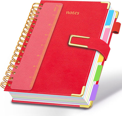 Hardcover Spiral Notebook College Ruled, 8"x10" Leather Journal Notebook with Magnetic Closure, 300 Pages 5 Subject Notebook with Dividers Tabs Journal for Women Men, Work, School(Rose Red)
