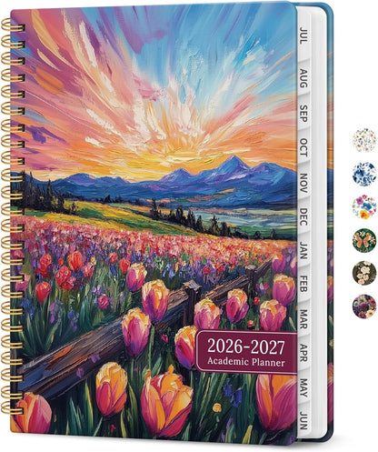 Planner 2026-2027, Academic Year Monthly and Weekly Calendar Planner, Jul 2026 - Jun 2027, Hardcover Teacher Student Planning Agenda book with Tabs, Perfect for School Office Supplies, 6.3" x 8.5" - Wildflowers