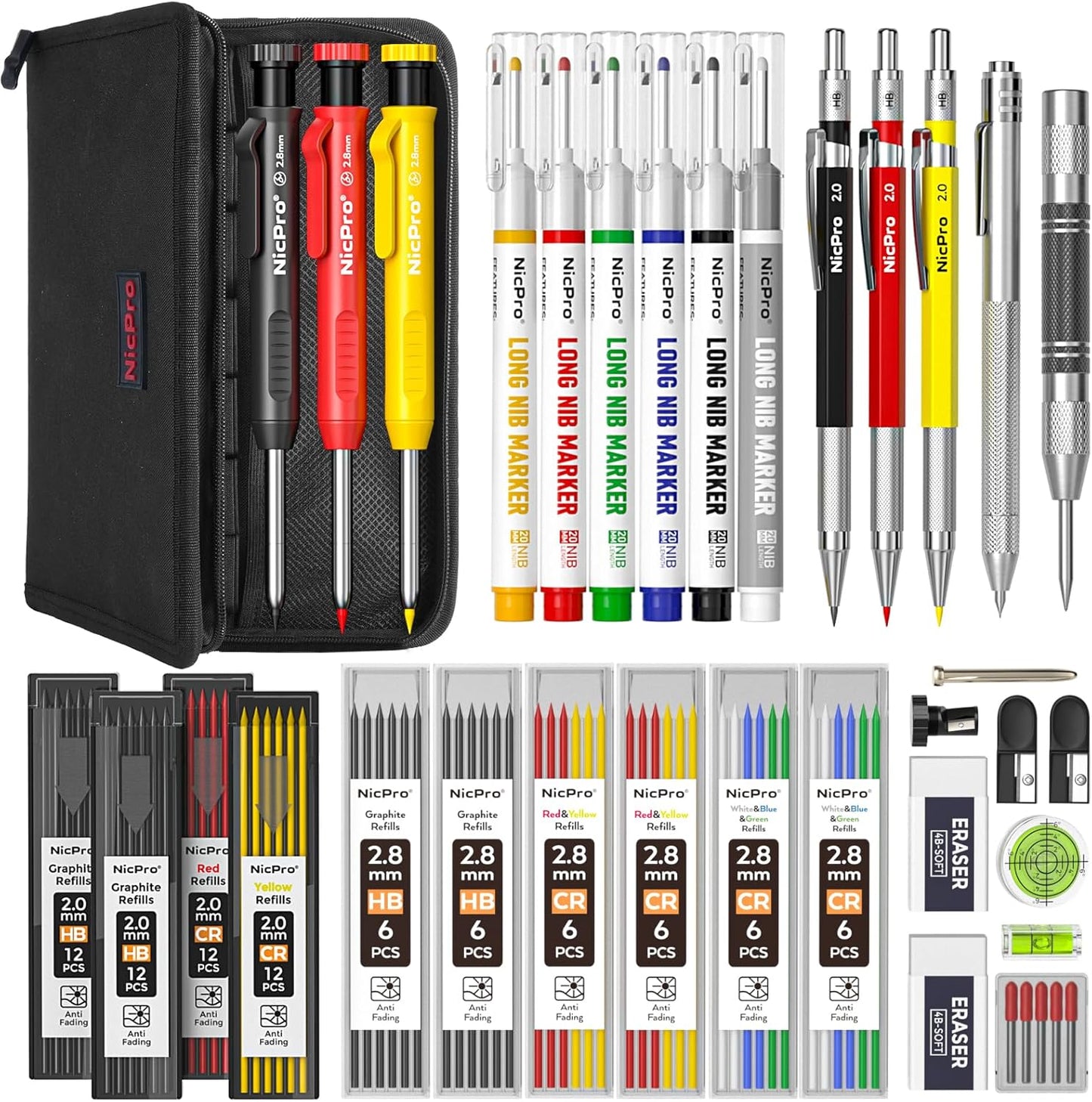 Nicpro 31 Pack Carpenter Pencil Set with Sharpener, Mechanical Carpenter Pencils with 128PCS Refills and Carbide Scribe Tool, Heavy Duty Construction Pencils for Architect Woodworking-With Canvas Case