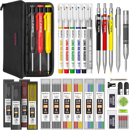 Nicpro 31 Pack Carpenter Pencil Set with Sharpener, Mechanical Carpenter Pencils with 128PCS Refills and Carbide Scribe Tool, Heavy Duty Construction Pencils for Architect Woodworking-With Canvas Case