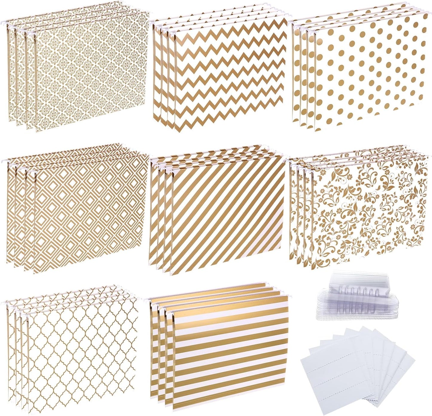 Estune 32 Pcs Decorative Hanging File Folders Letter Size Cabinet File Folders Organizers with 1/5 Cut Adjustable Tabs for Office Desk School Filing Cabinet Home(Gold Stripe)