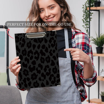 Trendy Black Leopard Print Clipboard Folio with Storage for Office Classroom, Preppy Dark Cheetah Print Padfolio with Metal Clip for Nurses Teachers Students Women Men, 12.4x9.25 in