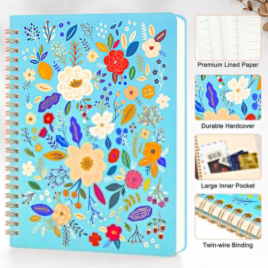 Spiral Notebook College Ruled 160 Pages with Pockets, 6x8 A5 Lined Journal for Women, Hard Cover Spiral Notebooks for School, Office & Note Taking with 100 GSM Thick Paper (Dark Blue)