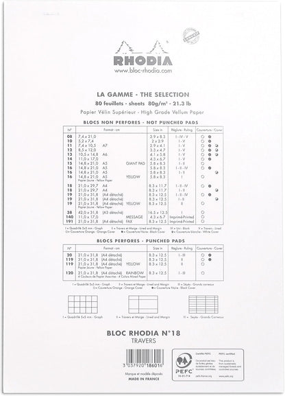 Rhodia Notepad, No18 A4, Lined - White, 8 1/4"" x 11 3/4""" (18601C)