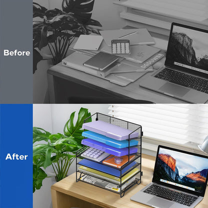 7 Tier Desk File Organizer Metal Mesh Paper Sorter Letter Tray Desktop Organizer for Home Study Office and Workspace, Black