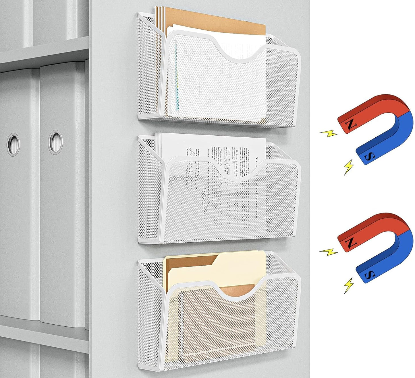 JANE EYRE Magnetic File Holder - 3PCS File Paper Mail Organizer No Drilling Magazine Paper Document Holder/Magnetic Hanging File Organizer for File Cabinets, Office, Whiteboard, BLACK