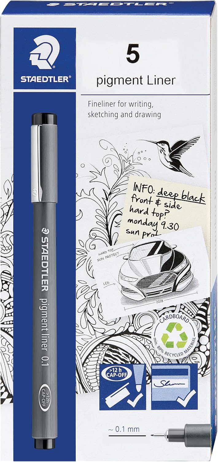 Staedtler Pigment Liner Pack, Black, 8 Pens, Assorted Line Widths, 0.05mm, 0.1mm, 0.2mm, 0.3mm, 0.5mm, 0.8mm, 1.0mm, 1.2mm