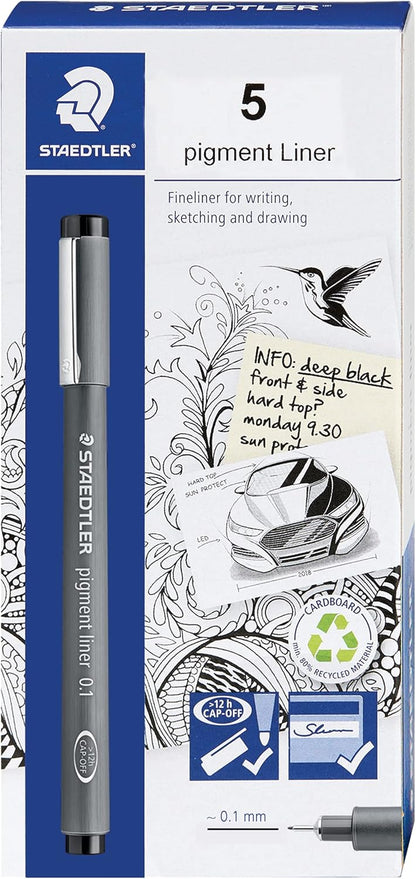 Staedtler Pigment Liner Pack, Black, 8 Pens, Assorted Line Widths, 0.05mm, 0.1mm, 0.2mm, 0.3mm, 0.5mm, 0.8mm, 1.0mm, 1.2mm