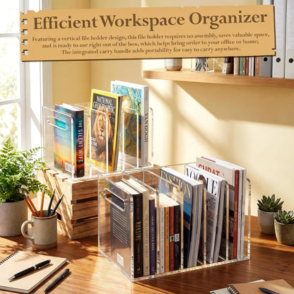 Didaey 2 Pcs Acrylic Magazine File Holder, 5 Vertical Compartments Desk Sorter Organizer Magazines Documents Books Accessories Clear Folder Rack Binder for Office Home(B5, 5 Sections, Clear)