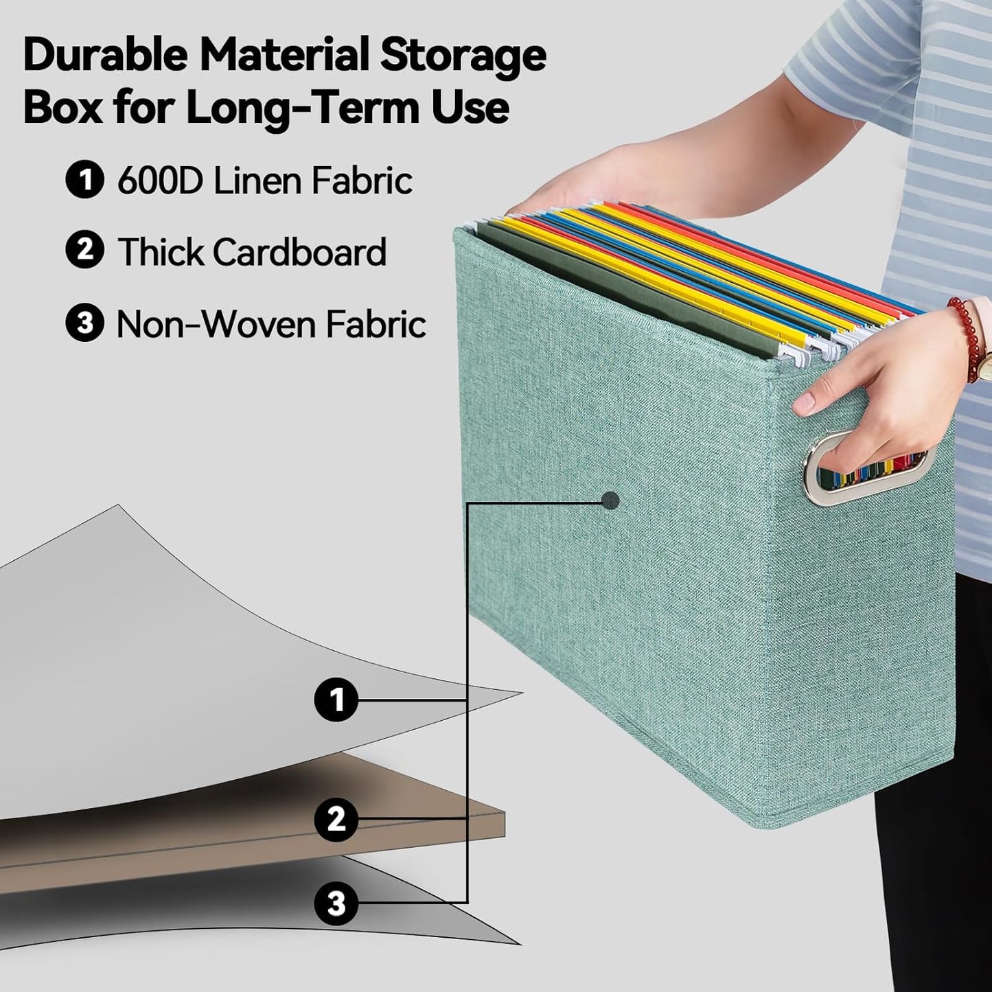 4 Pack Letter Size File Storage Box Collapsible, Fabric Hanging File Folders Organizer, Portable Office Document Holder with Metal Handle, Smooth PVC Rails, Beige