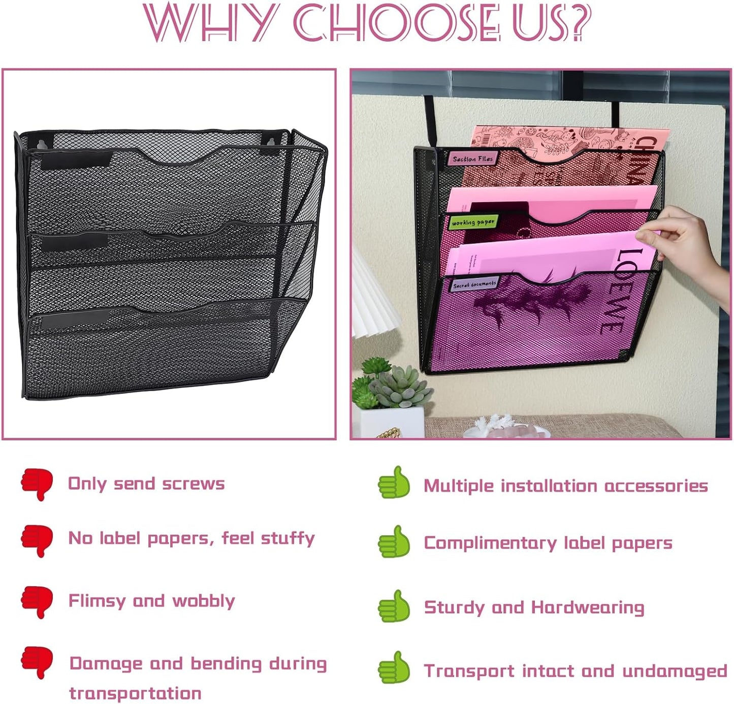 1 Pocket Mesh Wall File Holder Organizer Office Hanging File Folder Magazine Rack, Nametag Label Hooks Set Included (Black)