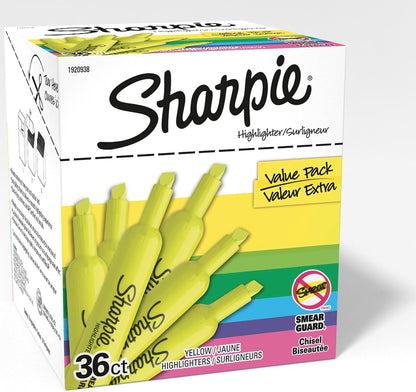 Sharpie Tank Style Highlighters, Chisel Tip, Fluorescent Yellow, 36 Count