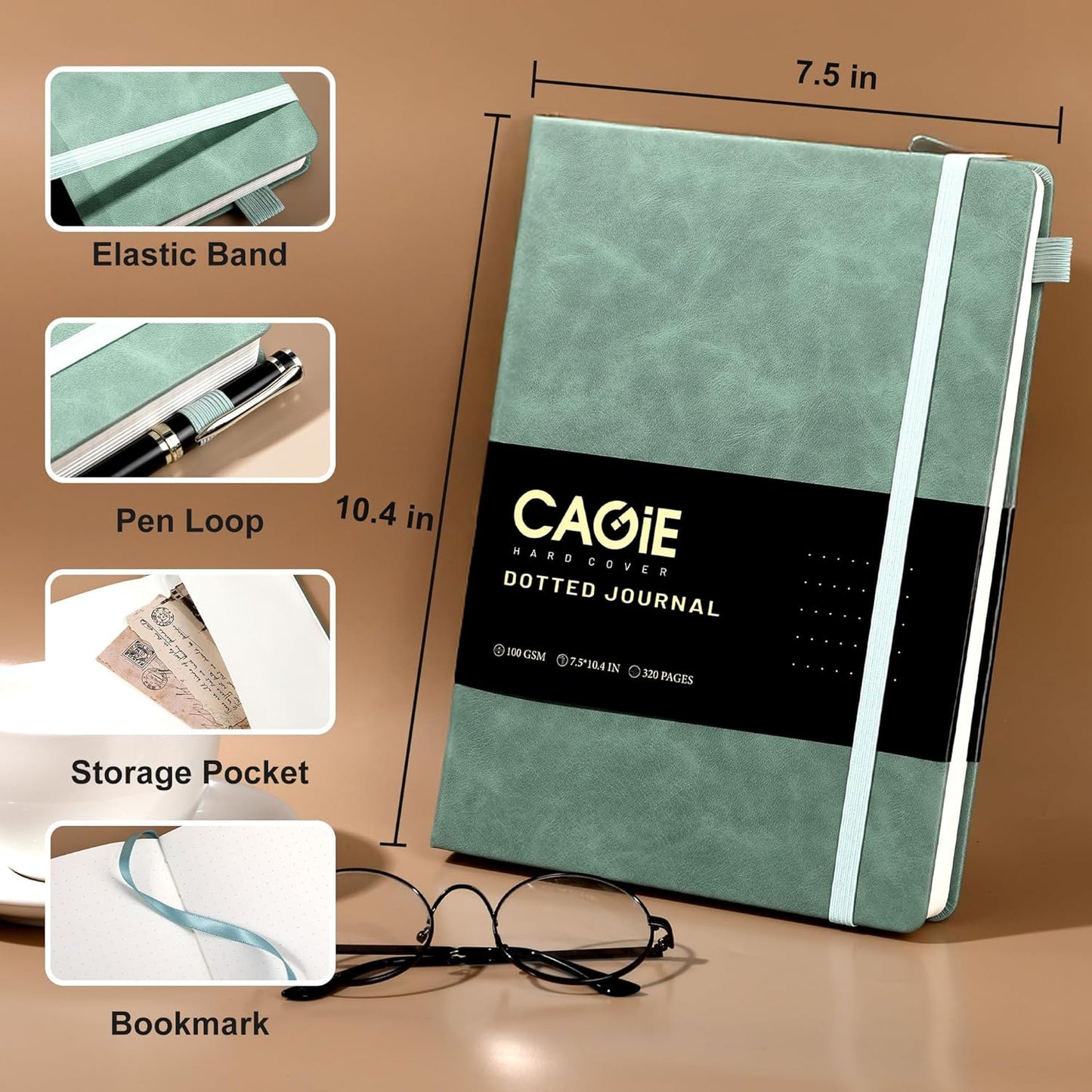 CAGIE Bullet Dotted Journal Notebook 320 Pages 100 GSM Paper Hardcover A5 Dot Grid Notebook Leather Journals for Writing Women Men Work Journaling, Green