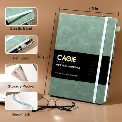 CAGIE Bullet Dotted Journal Notebook 320 Pages 100 GSM Paper Hardcover A5 Dot Grid Notebook Leather Journals for Writing Women Men Work Journaling, Green