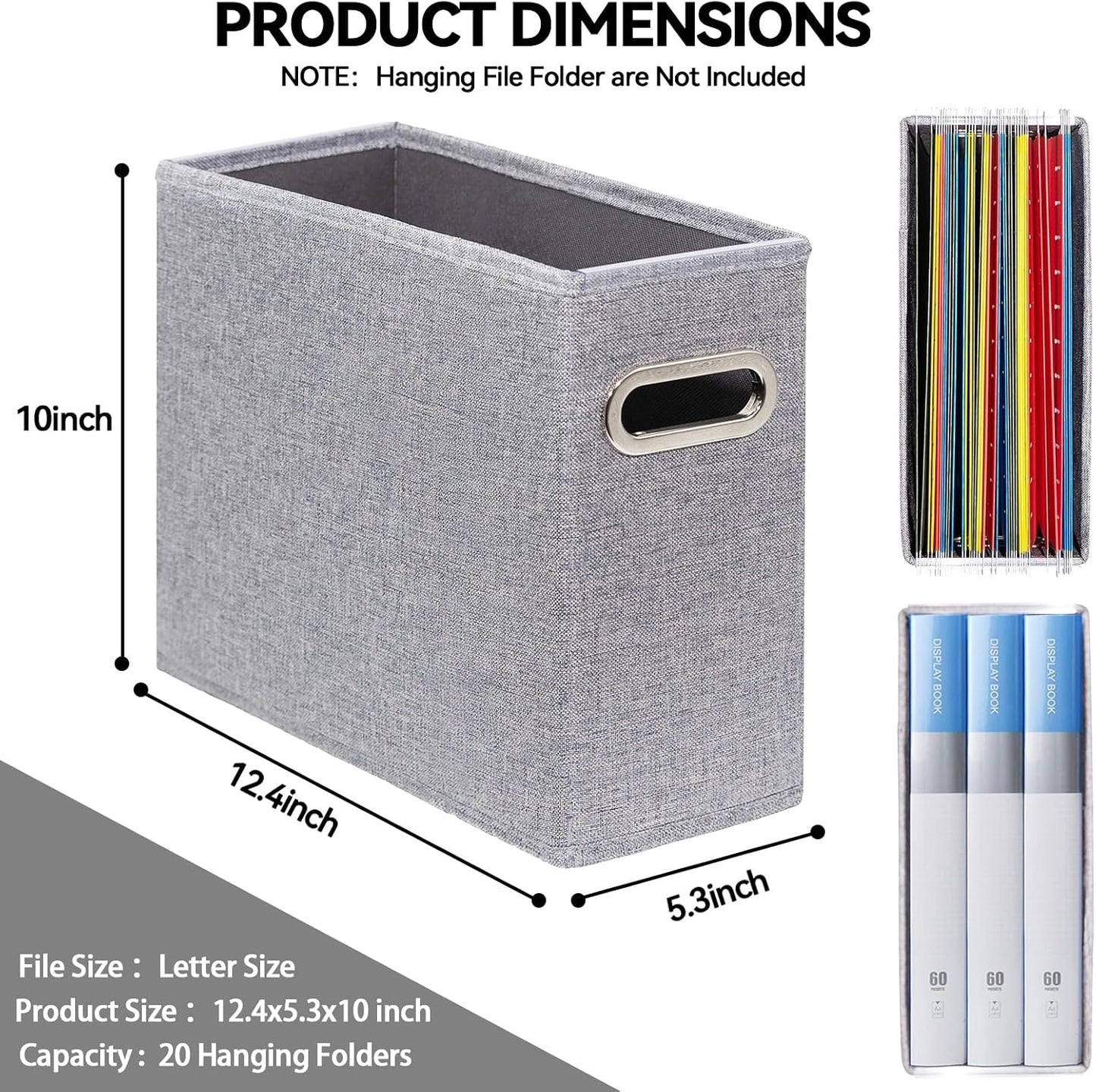 4 Pack Letter Size File Storage Box Collapsible, Fabric Hanging File Folders Organizer, Portable Office Document Holder with Metal Handle, Smooth PVC Rails, Beige