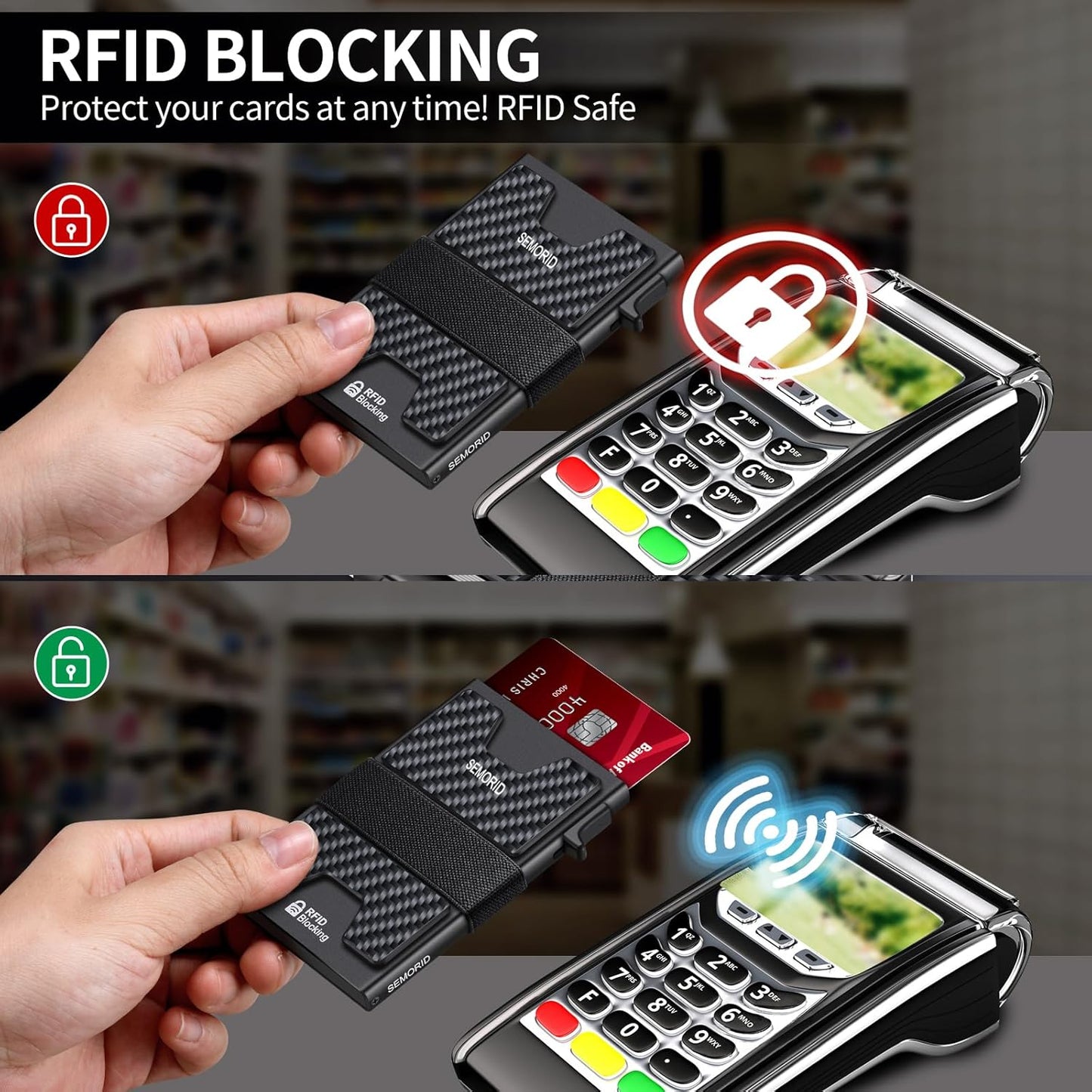 SEMORID Slim Aluminum Card Holder Wallet for Men, Durable Expandable Backplate, RFID Blocking Minimalist Metal Pop Up Wallet, Holds 12+ Cards Plus Cash (Black)