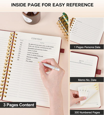 Spiral Notebook Journal for Women Men, 300 Numbered Lined Pages, College Ruled, A5 Hardcover Spiral Bound Notebook for School, Work, Note Taking Writing, Leather Spiral Journal Medium 5.9"x8.5"