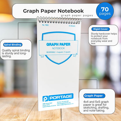 Portage Graph Paper Notebook – Top Bound Spiral Grid Notepad, Small Graph Notebook Writing Pad, Grid Paper, Reversible 4 Square / 5 Square with Notes Template, Extra Thick Cover For Extra Stability –