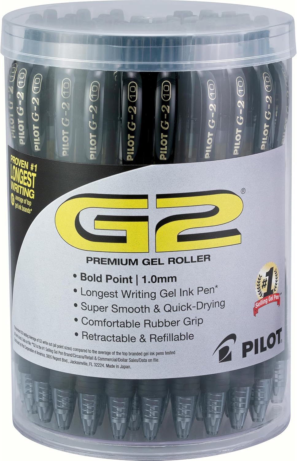Pilot G2 Premium Gel Pens, Black Pens, Bold Point 1 mm, Tub of 48, Black